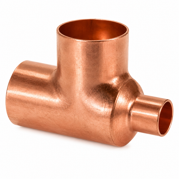Domestic Wrot Copper x Copper x Copper Reducing Tee with copper sweat reducing connections for branching copper piping in plumbing, HVAC, refrigeration, and industrial piping systems.