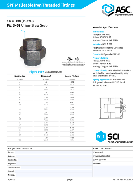 300# Extra Heavy Black Malleable Iron Union Submittal / Spec Sheet