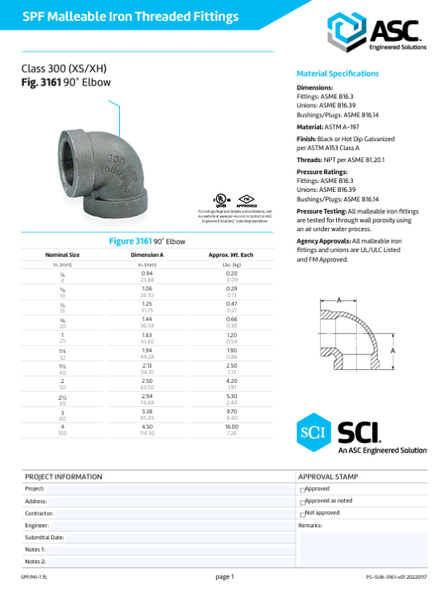 300# Extra Heavy Galvanized Malleable Iron 90° Elbow Submittal Sheet