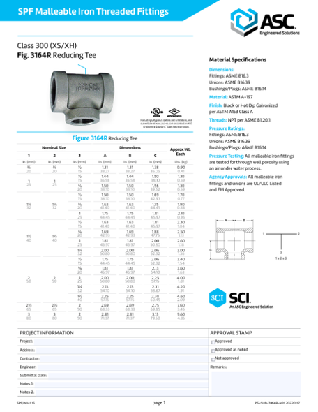 300# Extra Heavy Galvanized Malleable Iron Reducing Tee Submittal Sheet