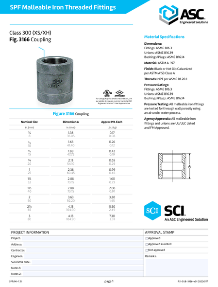 300# Extra Heavy Galvanized Malleable Iron Coupling Submittal Spec Sheet