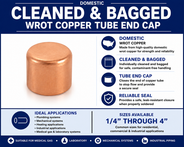 Domestic cleaned and bagged wrot copper tube end cap infographic showing product features, applications, and available sizes from 1/4 inch through 4 inches.