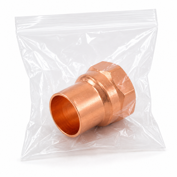 Domestic cleaned and bagged wrot copper female adapter with C x FIP connection for clean and controlled piping systems.