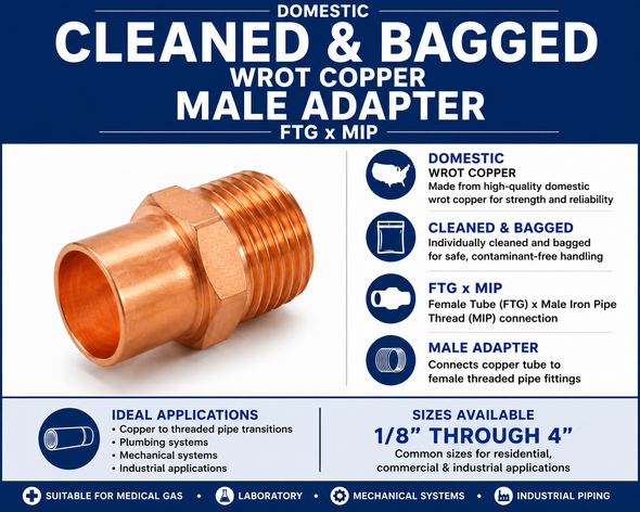 Domestic Cleaned & Bagged Wrot Copper Male Adapter – FTG x MIP information guide showing domestic wrot copper construction, cleaned and bagged packaging, female tube (FTG) x male iron pipe (MIP) connection, and available sizes from 1/2" through 1".