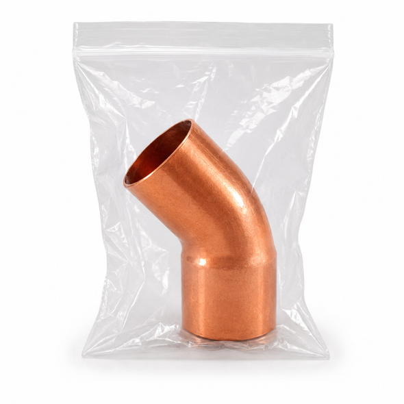 Domestic Cleaned & Bagged Wrot Copper 45° Street Elbow – FTG x C in sealed protective bag for medical gas, laboratory, mechanical, and industrial copper piping systems.