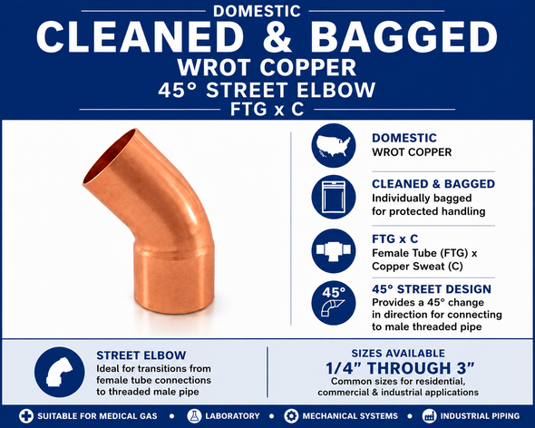 Domestic Cleaned & Bagged Wrot Copper 45° Street Elbow – FTG x C information guide showing domestic wrot copper construction, cleaned and bagged packaging, female tube (FTG) x copper sweat (C) connection, 45° street elbow design, and available sizes from 1/4" through 3".
