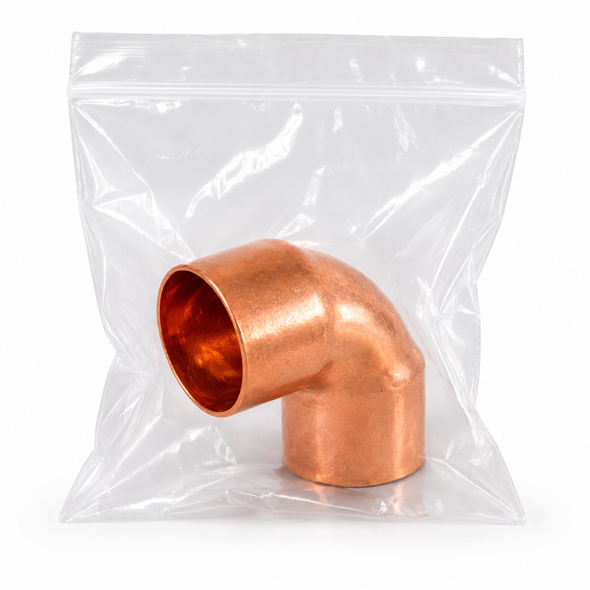 Domestic Cleaned & Bagged Wrot Copper 90° Elbow – C x C in sealed protective bag for medical gas, laboratory, mechanical, and industrial copper piping systems.