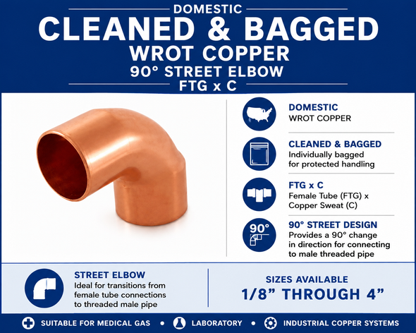 Domestic Cleaned & Bagged Wrot Copper 90° Street Elbow – FTG x C information guide showing domestic wrot copper construction, cleaned and bagged packaging, female tube (FTG) x copper sweat (C) connection, 90° street elbow design, and available sizes from 1/4" through 3".