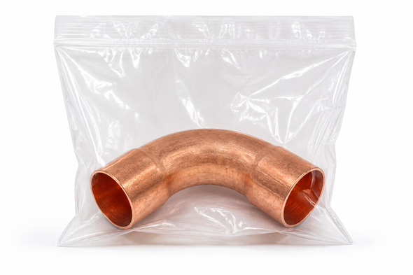 Domestic Cleaned & Bagged Wrot Copper 90° Long-Turn Elbow – C x C in sealed protective bag for medical gas, laboratory, mechanical, and industrial copper piping systems.