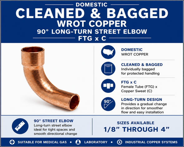 Domestic Cleaned & Bagged Wrot Copper 90° Long-Turn Street Elbow – FTG x C information guide showing domestic wrot copper construction, cleaned and bagged packaging, female tube (FTG) x copper sweat (C) connection, long-turn 90° design, and available sizes from 3/8" through 2".
