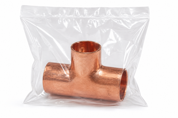 Domestic Cleaned & Bagged Wrot Copper Tee – C x C x C in sealed protective bag for medical gas, laboratory, mechanical, and industrial copper piping systems.