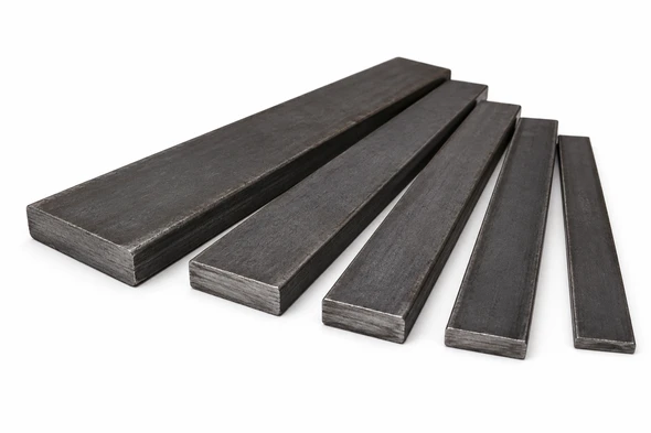 A36 hot rolled carbon steel flat bar in multiple widths and thicknesses, sold by the foot and available in custom cut lengths.