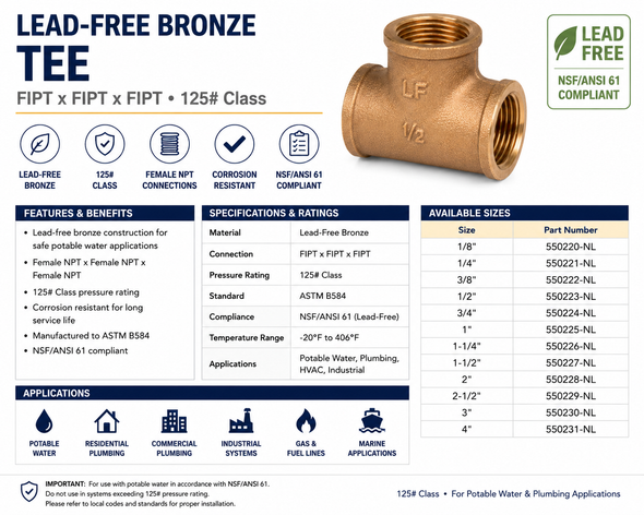 Lead-free bronze threaded tee product specifications, 125# Class rating, features, applications and available sizes from 1/8 inch through 4 inches