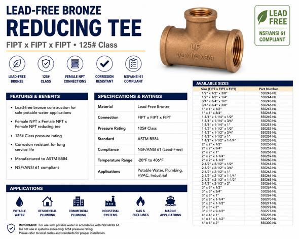 Lead-free bronze reducing tee specifications, 125# Class rating, female NPT connections, applications and available size combinations