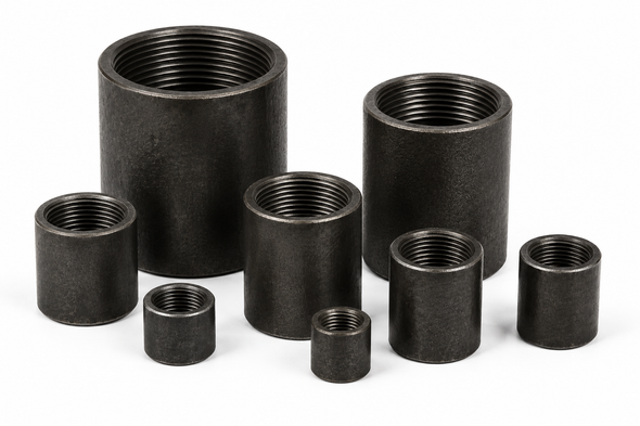 Assorted Charman black steel merchant couplings in multiple sizes with female threaded connections on a white background.