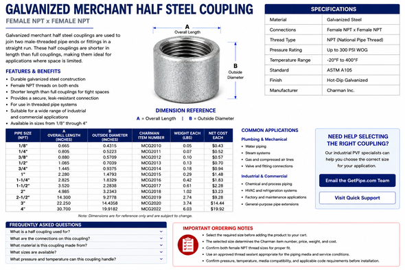 Charman galvanized merchant steel half coupling specification guide showing female NPT connections, dimensions, available sizes from 1/8" through 4", item numbers, weights, applications, and ordering information.