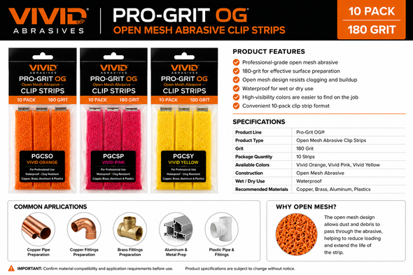 Vivid Abrasives Pro-Grit OG 180 grit abrasive clip strips features, specifications, colors and common applications