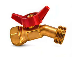 Charman lead-free brass quarter-turn hose bib with red butterfly handle and 3/4-inch male hose thread outlet