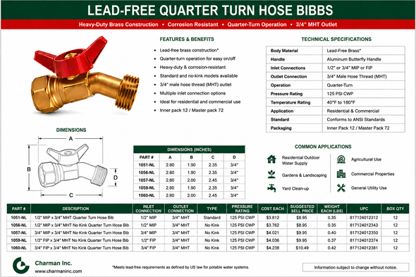Charman lead-free quarter-turn hose bib specifications, dimensions, MIP and FIP inlet options, no-kink configurations, and SKUs 1051-NL through 1060-NL