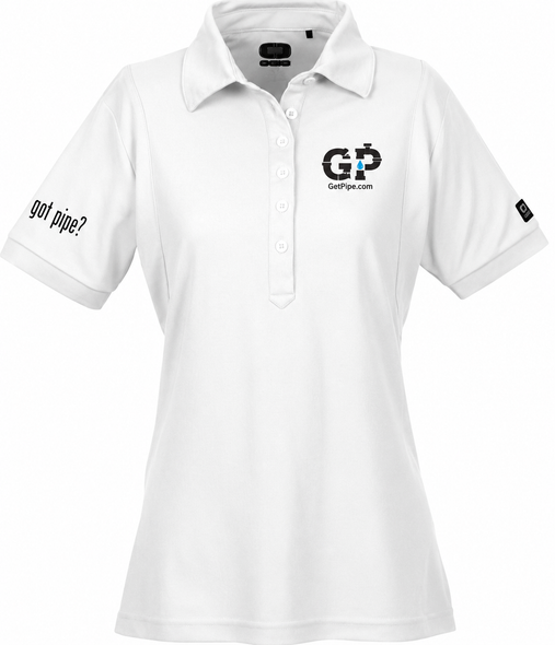 GetPipe OGIO Stay-Cool Performance Polo - Ladies' in white, featuring GetPipe.com chest logo and “got pipe?” sleeve decoration.