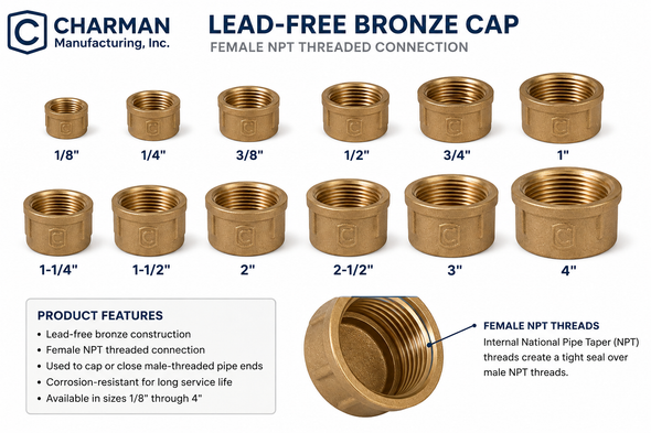 Charman lead-free bronze cap size range from 1/8 inch through 4 inch with female NPT threads and product features.