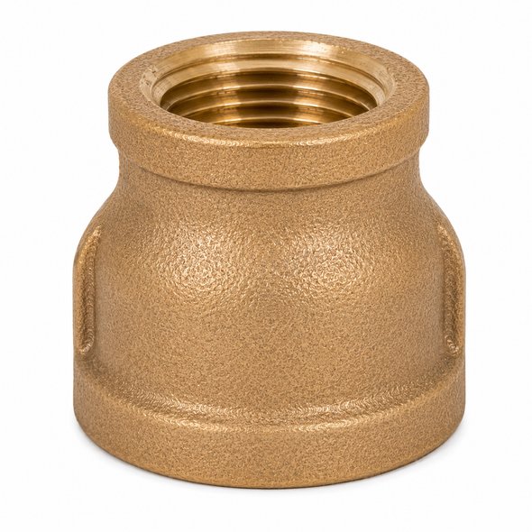 Lead-free bronze reducing coupling with female NPT threaded connections in two different nominal pipe sizes.