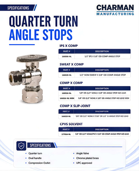Quarter Turn Angle Stop - Lead Free Chrome Plated Brass