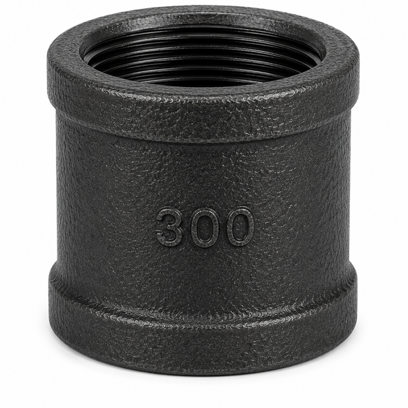 Charman 300# extra heavy black malleable iron threaded coupling on white background