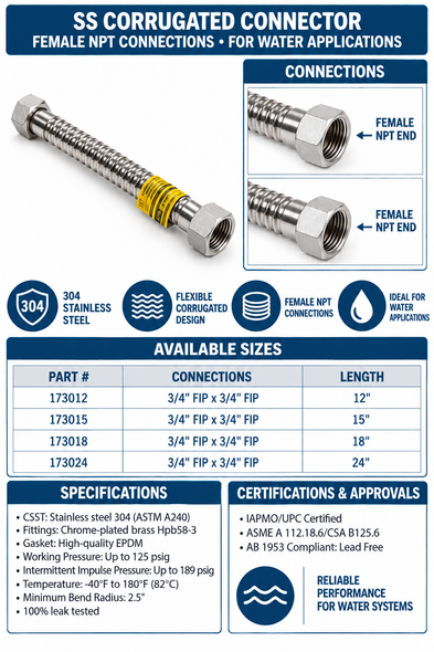 Charman Stainless Corrugated Connector - 3/4" FIP x 3/4" FIP Spec Sheet