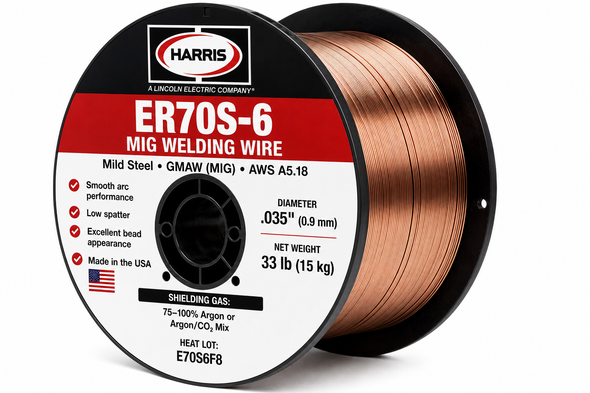 Harris ER70S-6 mild steel MIG welding wire for GMAW fabrication and repair