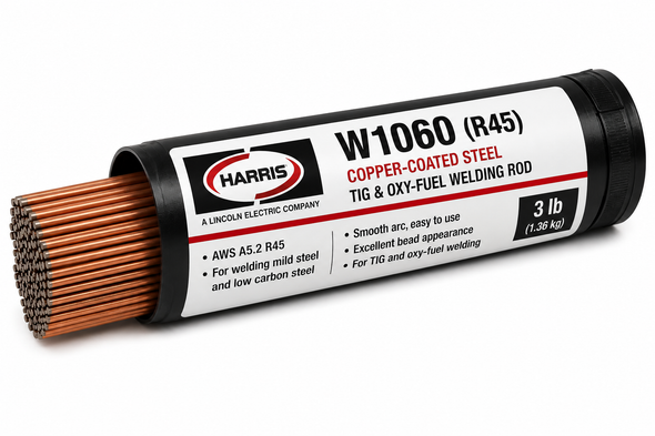 Harris W1060 (R45) copper-coated steel TIG and oxy-fuel welding rod for mild and low-carbon steel applications.