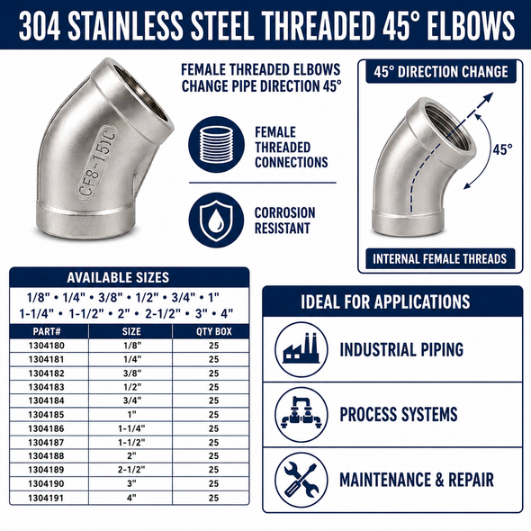304 Stainless Steel 150# 45° Threaded Elbow - SP112