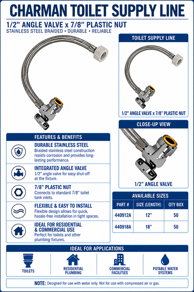 Charman Toilet Supply Line - 1/2" Angle Valve x 7/8" Plastic Nut - Spec Sheet