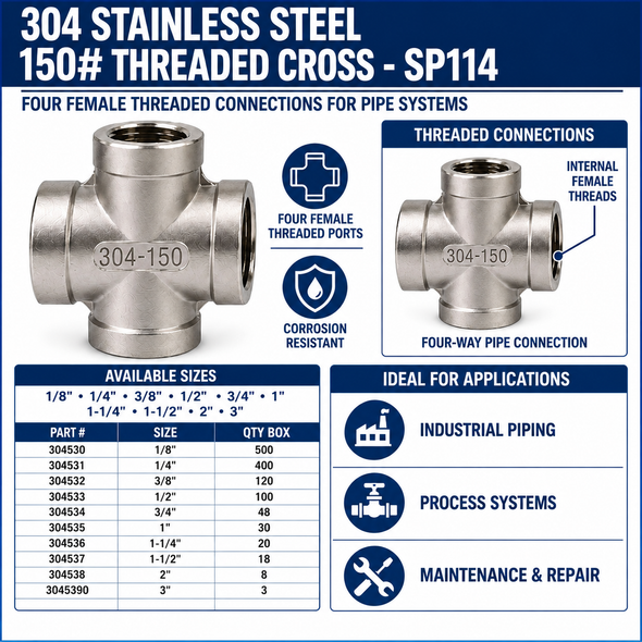 304 Stainless Steel 150# Threaded Cross - SP114 Spec Sheet