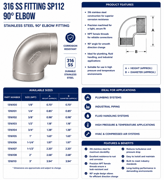 316 Stainless Steel 150# Threaded 90 Degree Elbow - SP112 Spec. Image