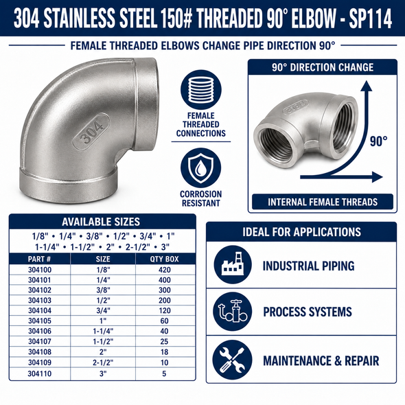 304 Stainless Steel 150# Threaded 90° Elbow - SP114 Spec Sheet