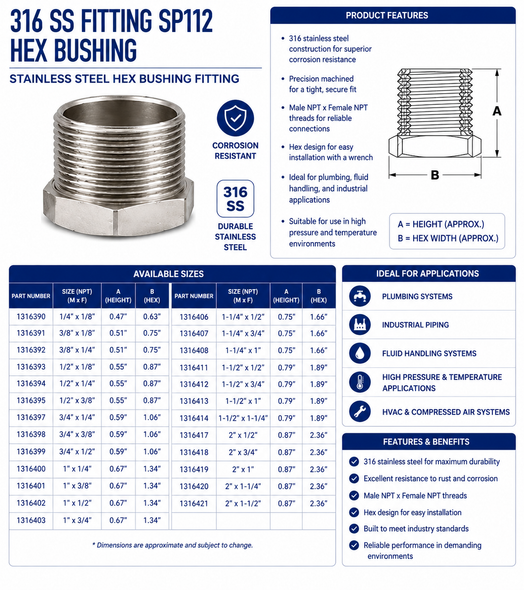 316 Stainless Steel 150# Threaded Hex Bushing - SP112 Spec. Image