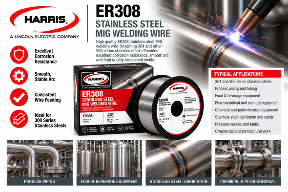 Harris ER308 stainless steel MIG welding wire for 300 series stainless steel fabrication and process piping
