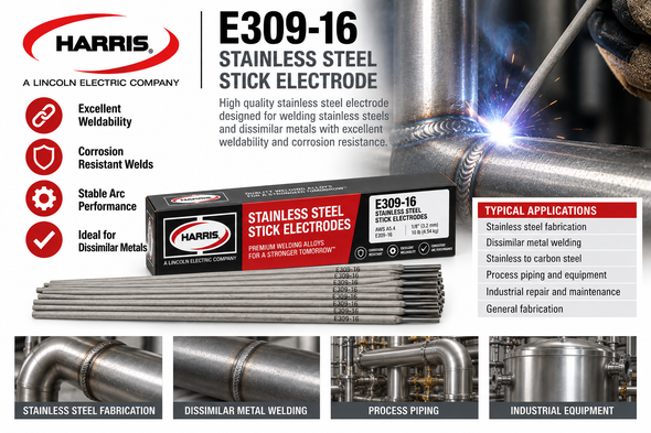 Harris E309-16 stainless steel stick welding electrodes for stainless steel fabrication and dissimilar metal welding