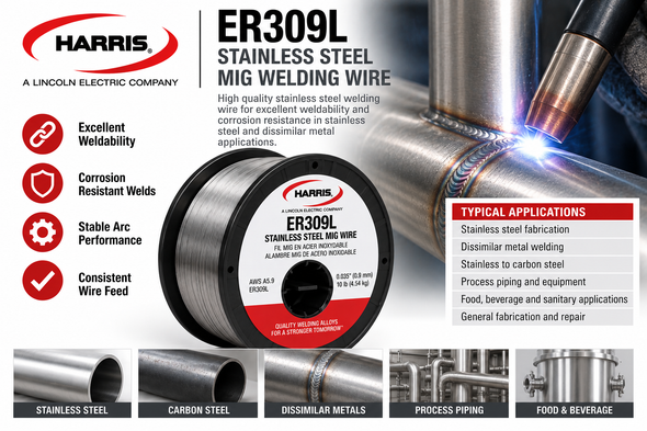 Harris ER309L stainless steel MIG welding wire for stainless steel fabrication and dissimilar metal welding