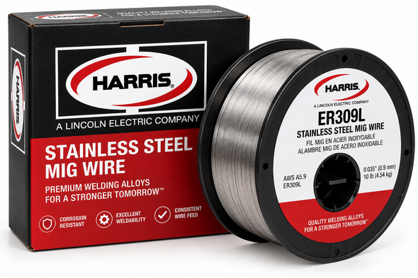 Harris ER309L stainless steel MIG welding wire spool with product packaging