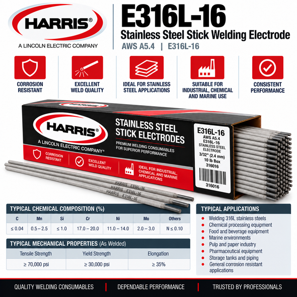 Secondary Image: Harris E316L-16 Stainless Steel Stick Welding Electrode Technical Specifications