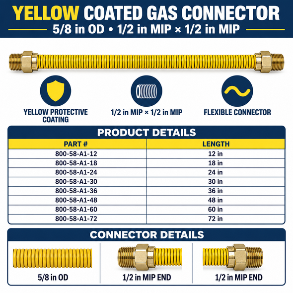 5/8" OD Yellow Coated Gas Connector - 1/2" MIP x 1/2" MIP