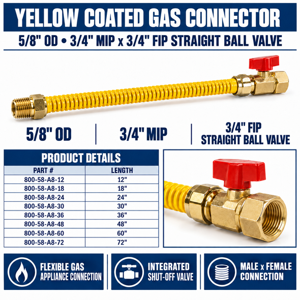 5/8" OD Yellow Coated Gas Connector with Straight Ball Valve - 3/4" MIP x 3/4" FIP Spec Sheet