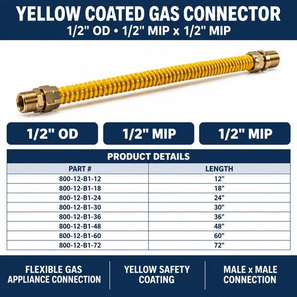 1/2" OD Yellow Coated Gas Connector - 1/2" MIP x 1/2" MIP Specs