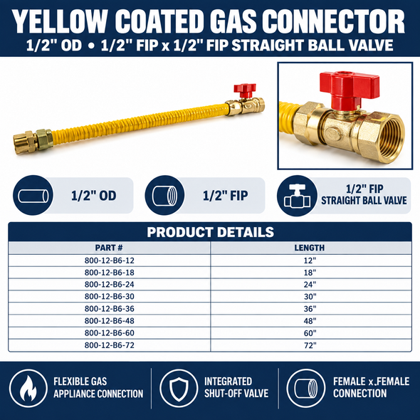 1/2" OD Yellow Coated Gas Connector with Straight Ball Valve - 1/2" FIP x 1/2" FIP Spec Sheet