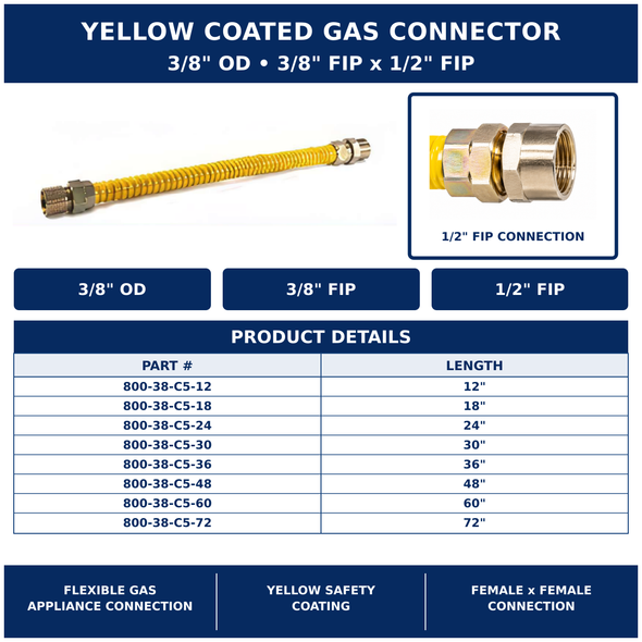 3/8" OD Yellow Coated Gas Connector - 3/8" FIP x 1/2" FIP Spec Sheet