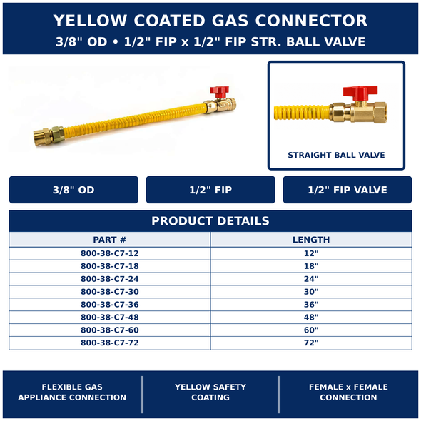 3/8" OD Yellow Coated Gas Connector with Straight Ball Valve - 1/2" FIP x 1/2" FIP Spec Sheet
