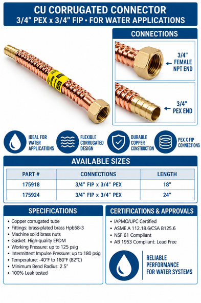 Charman 3/4" FIP x 3/4" PEX Copper Corrugated Connector