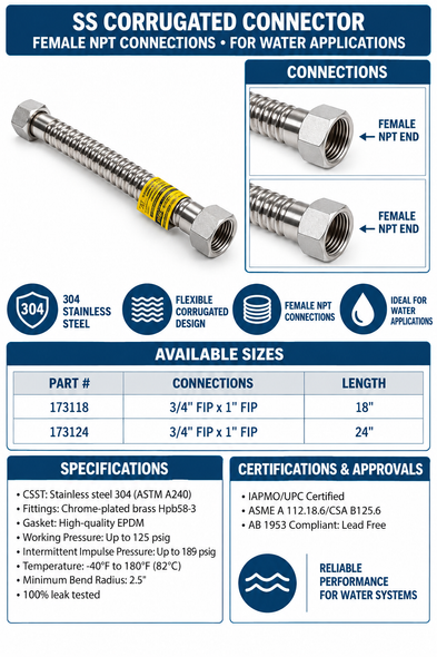 Stainless Corrugated Connector - 3/4" FIP x 1" FIP Spec Sheet